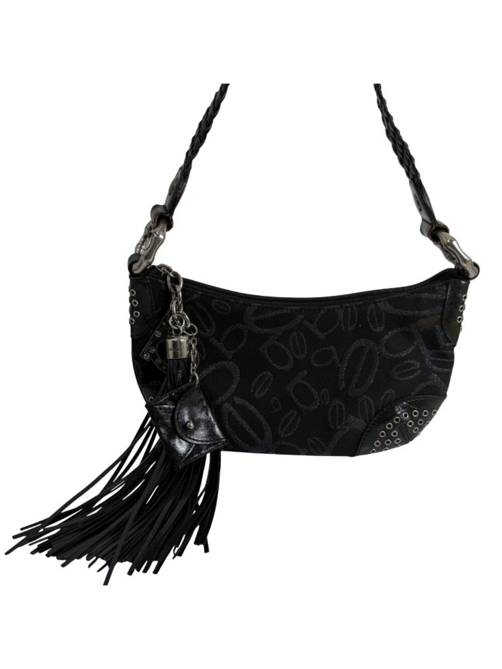 BEBE Black Logo Canvas Shoulder Bag Leather Trim Tassel Charm Coin Purse Handbag